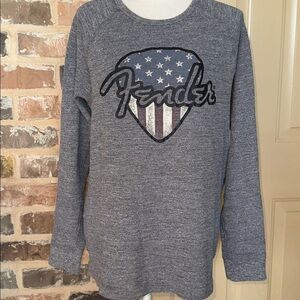 Fender x Lucky Brand Heather Gray Long Sleeve Tee Guitar Pick American Flag Sz M